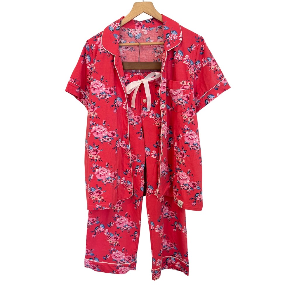 Gownies Pajama Set M Pink Floral Post Surgery Recovery Drain Pockets Cotton
